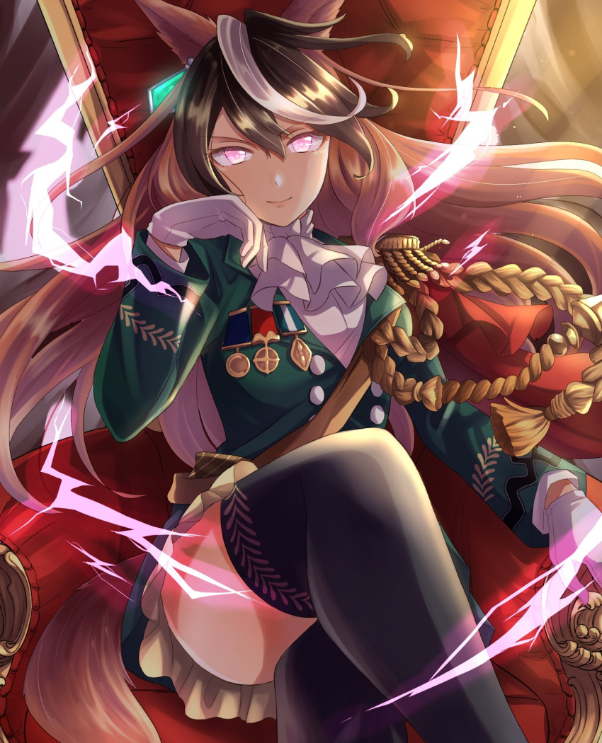 1girl aiguillette animal_ears ascot black_thighhighs breasts brown_hair buttons cape commentary_request crossed_legs double-breasted earrings epaulettes gloves green_jacket green_skirt hair_between_eyes highres horse_ears horse_girl jacket jewelry long_hair long_sleeves medal multicolored_hair on_chair ponzu_(rrrritisu) purple_eyes red_cape single_earring single_epaulette sitting skirt smile solo streaked_hair symboli_rudolf_(umamusume) thighhighs umamusume white_ascot white_gloves white_hair