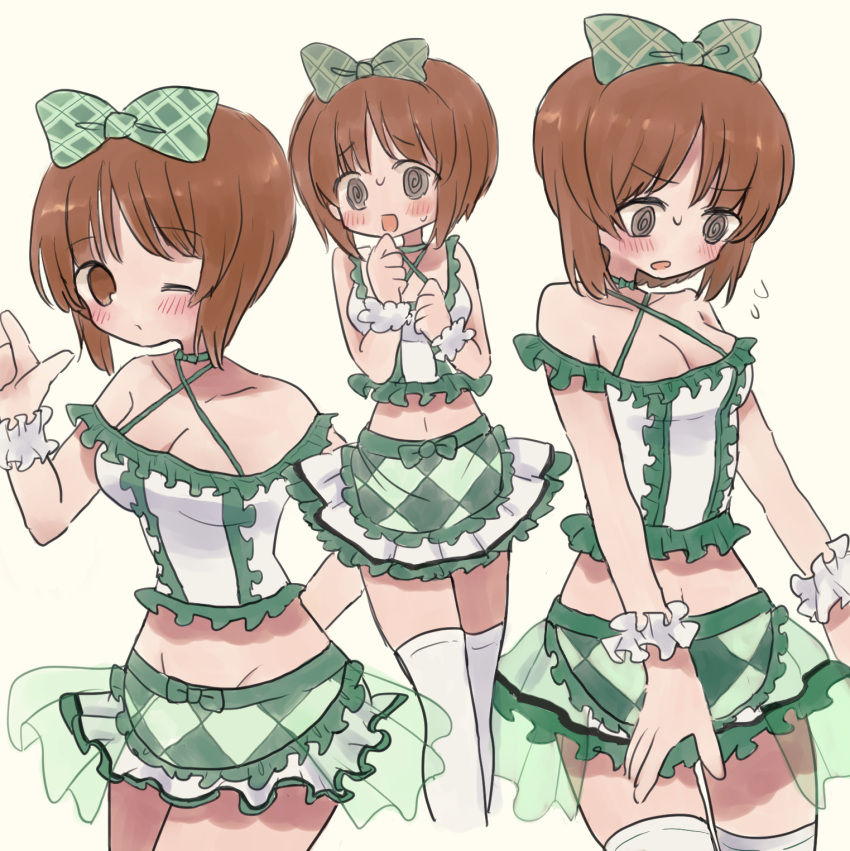 1girl @_@ alternate_costume arm_behind_back armband blush bow breasts brown_eyes brown_hair cleavage closed_mouth criss-cross_halter cropped_shirt frilled_armband frilled_shirt frilled_skirt frills frown girls_und_panzer green_bow green_skirt groin hair_bow halterneck highres idol looking_at_viewer medium_breasts microskirt midriff multiple_views navel nishizumi_miho off-shoulder_shirt off_shoulder one_eye_closed open_mouth ri_(qrcode) shirt short_hair simple_background skirt smile standing sweatdrop thighhighs waving white_background white_thighhighs