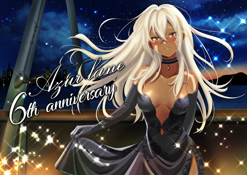 1girl alternate_costume anniversary arm_behind_back azur_lane bare_shoulders black_choker black_dress black_gloves blush body_markings breasts choker cityscape cleavage closed_mouth clothes_lift cloud cloudy_sky collarbone commentary_request cowboy_shot crossed_bangs dark-skinned_female dark_skin dress dress_lift elbow_gloves facial_mark floating_hair gloves hair_between_eyes hair_down highres long_hair looking_at_viewer medium_breasts minneapolis_(azur_lane) murasaki_tsutsuji night ocean outdoors red_eyes ship_deck sidelocks sky smile solo standing strapless strapless_dress white_hair