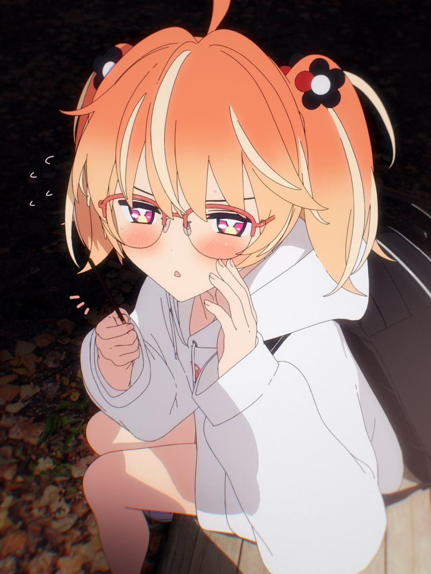 +_+ 1girl 3d ahoge bench blender_(medium) blonde_hair blush bright_pupils cel_shading chestnut_mouth dark dot_nose drawstring feet_out_of_frame flower flying_sweatdrops food glasses hair_flower hair_ornament half-closed_eyes hands_up highres holding holding_food holding_pocky hood hood_down hoodie long_sleeves looking_at_viewer medium_hair multicolored_eyes multicolored_hair night no_pants notice_lines orange_hair outdoors parted_lips pink_eyes pocky pocky_day purple_eyes red-framed_eyewear rinne_(rinrinne) rinrinne rinrinne39_(artist) semi-rimless_eyewear short_twintails sitting solo streaked_hair twintails v-shaped_eyebrows virtual_youtuber whispering white_hoodie white_pupils