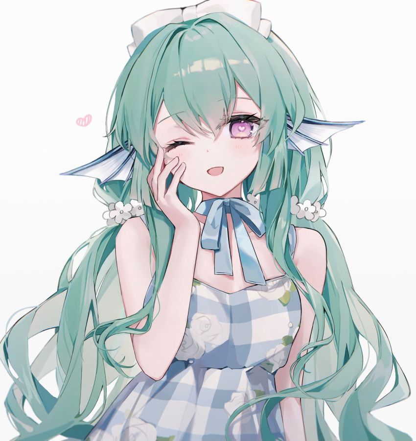 1girl alternate_costume blue_dress bow commentary dress finana_ryugu fins gingham_dress green_hair hair_bow hand_on_own_cheek hand_on_own_face head_fins heart heart-shaped_pupils highres long_hair low_twintails n4o_b nijisanji nijisanji_en one_eye_closed purple_eyes sidelocks simple_background sleeveless sleeveless_dress solo symbol-only_commentary symbol-shaped_pupils twintails virtual_youtuber white_background white_bow