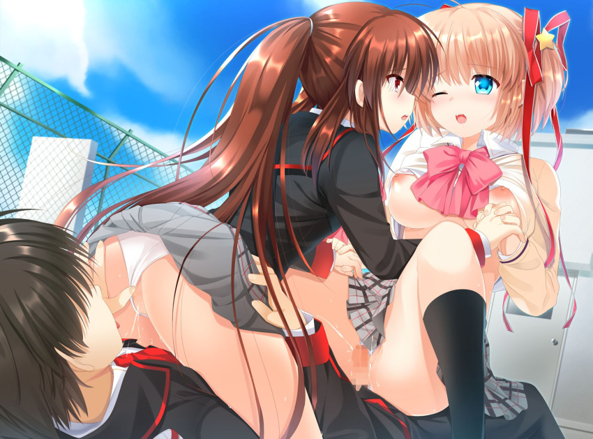 1boy 2girls ahoge aroused ass black_hair black_jacket black_socks blonde_hair blue_eyes blue_sky blush bow breasts breasts_out brown_hair censored cleavage clothes_lift clothing_aside cloud commission cowgirl_position cum cum_overflow cunnilingus day drooling eye_contact eyes_visible_through_hair feet_out_of_frame female_ejaculation female_orgasm fence ffm_threesome fingernails foreshortening furrowed_brow girl_on_top grey_skirt group_sex hair_between_eyes hair_ornament hair_over_shoulder hair_ribbon hair_spread_out happy happy_sex hetero highres holding_hands interlocked_fingers jacket kamikita_komari knees_up large_breasts leaning_forward little_busters! long_hair long_sleeves looking_at_another lying medium_hair miniskirt mosaic_censoring mouth_drool multiple_girls naoe_riki natsume_rin necktie nipples no_bra no_eyes nose on_back on_roof one_eye_closed open_mouth oral orgasm otou_(otou_san) outdoors panties panties_aside penis_out pink_bow pink_ribbon plaid plaid_skirt pleated_skirt ponytail pussy red_eyes red_necktie red_ribbon reverse_spitroast ribbon school_uniform sex shirt shirt_lift short_hair sidelocks sitting skeb_commission skirt skirt_lift sky socks spread_legs star_(symbol) star_hair_ornament straddling sweater sweater_lift teeth thighs threesome tongue tongue_out twintails underwear upper_teeth_only vaginal variant_set very_long_hair white_panties white_shirt yellow_sweater