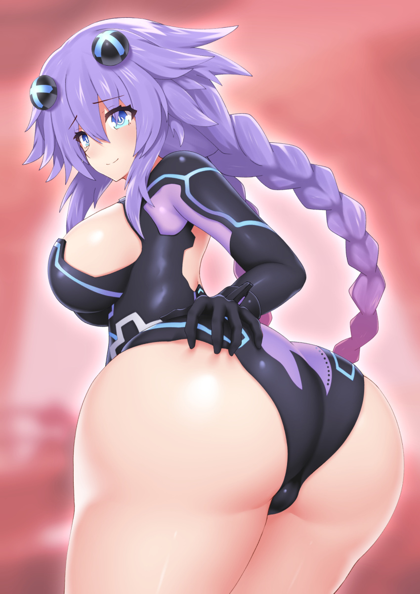 1girl ass black_gloves black_leotard blue_eyes blush braid breasts cleavage_cutout closed_mouth clothing_cutout commentary_request from_behind gloves hair_between_eyes hair_ornament hand_on_own_ass highres katade large_breasts leotard long_hair looking_at_viewer looking_back neptune_(series) partial_commentary power_symbol power_symbol-shaped_pupils purple_hair purple_heart simple_background skindentation smile solo symbol-shaped_pupils twin_braids twintails very_long_hair