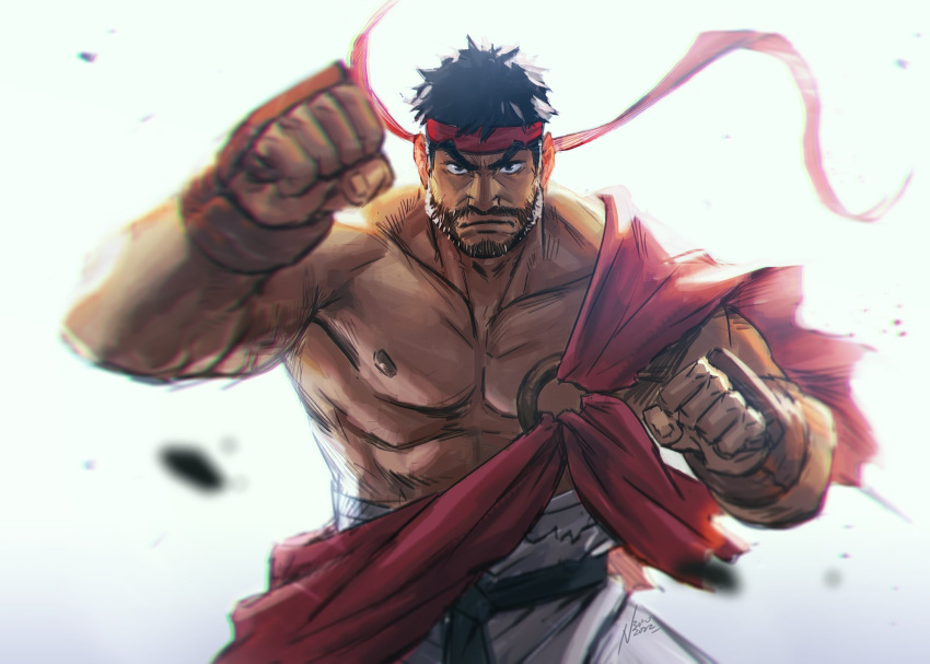 1boy abs bara bare_pectorals beard bulge clenched_hands cowboy_shot dark-skinned_male dark_skin dougi facial_hair fighting_stance forked_eyebrows frown headband highres looking_at_viewer male_focus mature_male midriff_sarashi muscular muscular_male nick300 nipples outstretched_arms pectorals red_headband ryu_(street_fighter) sarashi sash serious short_hair solo street_fighter street_fighter_6 thick_eyebrows wind