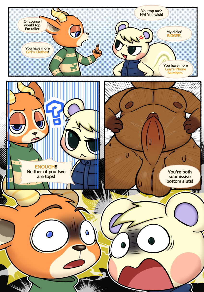 absurd_res animal_crossing anthro argument balls beau_(animal_crossing) belly big_balls big_penis big_tail bodily_fluids brown_body brown_fur canid canine cheek_spots clothed clothing comic deer dialogue digital_media_(artwork) erection fur genital_fluids genitals group hi_res horn male male/male mammal marshal_(animal_crossing) moobs nintendo nipples nude open_mouth orange_body orange_fur pecs penis precum question_mark raccoon_dog rodent sciurid shocked shocked_expression size_difference speech_bubble sweat tail tan_body tan_fur tanuki text tom_nook_(animal_crossing) tree_squirrel trio zlut385