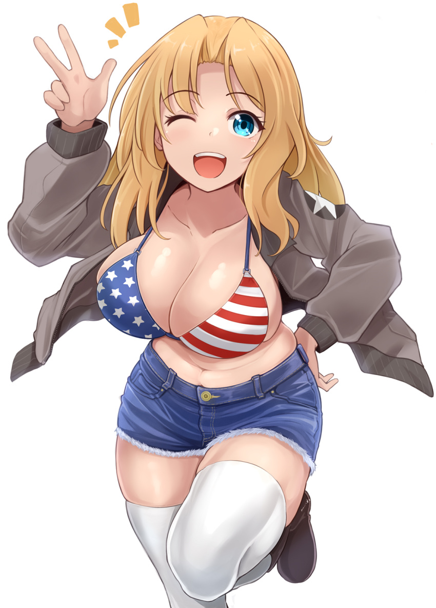 1girl ;d american_flag_bikini bikini blonde_hair blue_eyes blue_shorts breasts brown_jacket collarbone commentary_request flag_print girls_und_panzer highres jacket kay_(girls_und_panzer) kitayama_miuki large_breasts long_hair looking_at_viewer navel one_eye_closed open_clothes open_jacket open_mouth print_bikini shorts simple_background smile solo star_(symbol) star_print striped striped_bikini swimsuit thighhighs w white_background white_thighhighs