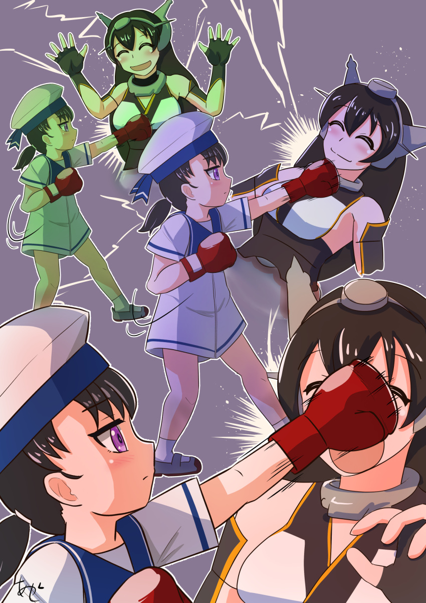 2girls akashieru black_hair blue_sailor_collar boxing_gloves closed_eyes dress hat headgear highres in_the_face kantai_collection multiple_girls multiple_views nagato_(kancolle) one-hour_drawing_challenge punching purple_eyes sailor_collar sailor_dress sailor_hat short_hair short_sleeves shounan_(kancolle) smile standing twintails upper_body white_dress white_headwear