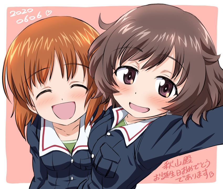 :d akiyama_yukari blue_jacket blush brown_eyes brown_hair character_name closed_eyes dated facing_viewer girls_und_panzer green_shirt happy_birthday highres inoue_kouji jacket long_hair long_sleeves looking_at_viewer military military_uniform multiple_girls nishizumi_miho ooarai_military_uniform open_mouth revision selfie shirt short_hair side-by-side smile translation_request uniform