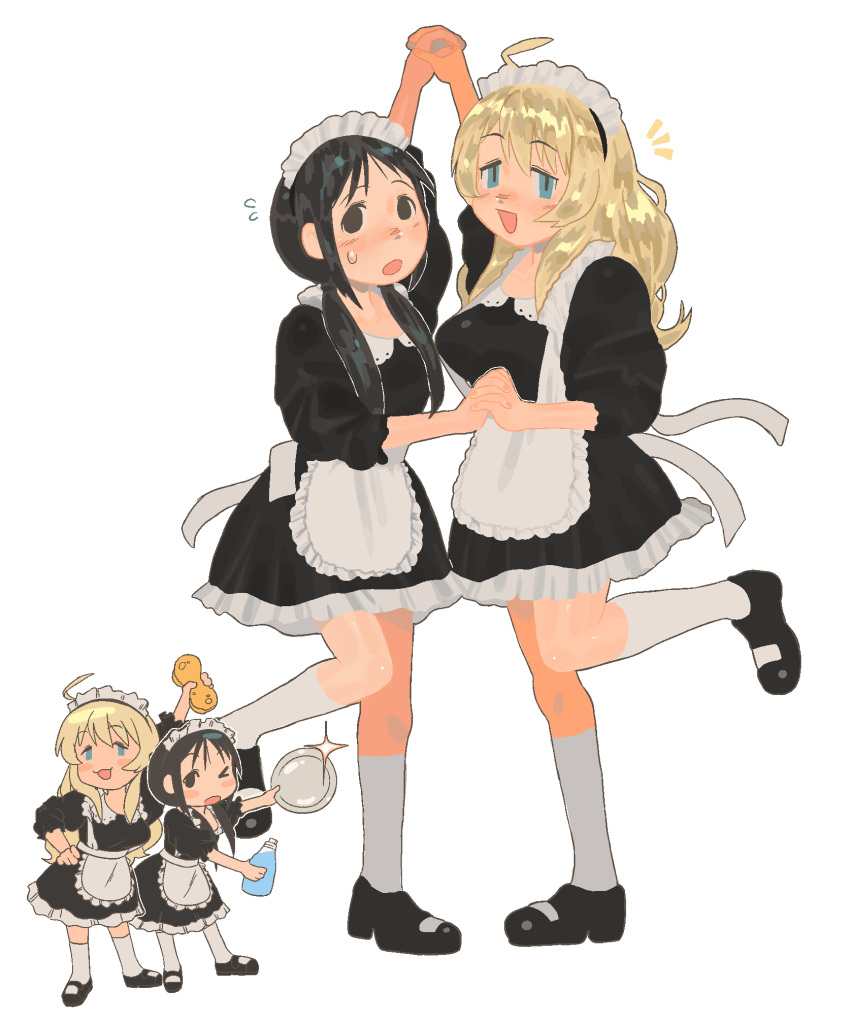 2girls :d ^^^ alternate_costume apron black_dress black_hair blonde_hair blue_eyes blush breasts chito_(shoujo_shuumatsu_ryokou) chzzei commission dress enmaided flying_sweatdrops full_body highres holding holding_hands holding_tray interlocked_fingers kneehighs liquid_soap long_hair looking_at_viewer maid maid_headdress multiple_girls multiple_views open_mouth shoujo_shuumatsu_ryokou smile socks standing standing_on_one_leg tray waist_apron white_socks yuuri_(shoujo_shuumatsu_ryokou)