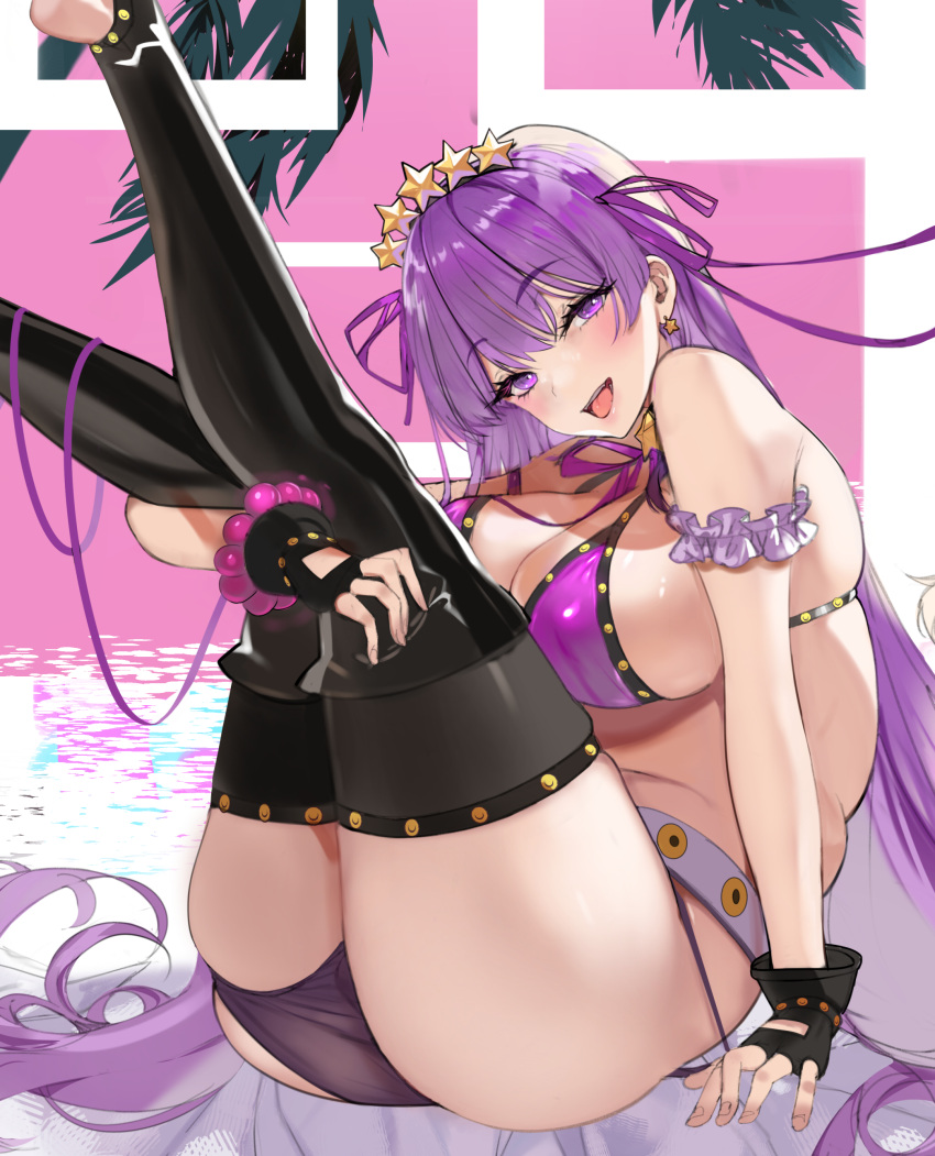 1girl absurdres bb_(fate) bb_(swimsuit_mooncancer)_(fate) bb_(swimsuit_mooncancer)_(second_ascension)_(fate) bead_bracelet beads belt bikini black_garter_belt blush bracelet breasts earrings english_commentary fate/grand_order fate_(series) fingerless_gloves garter_belt gloves hair_ornament hareno_chiame highres jewelry large_breasts long_hair looking_at_viewer loose_belt micro_shorts open_mouth purple_bikini purple_eyes purple_ribbon ribbon shorts sitting smile solo star_(symbol) star_earrings star_hair_ornament studded_garter_belt swimsuit white_belt