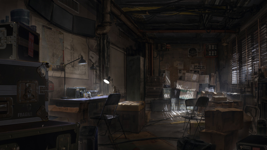 absurdres bag blinds box bulletin_board cable cardboard_box chair chinese_commentary commentary_request desk_lamp duffel_bag first_aid_kit folding_chair girls'_frontline highres indoors industrial_pipe lamp light_rays locker manha_utsutsuki map monitor no_humans official_art scenery table tom_clancy's_the_division vent_(object) window