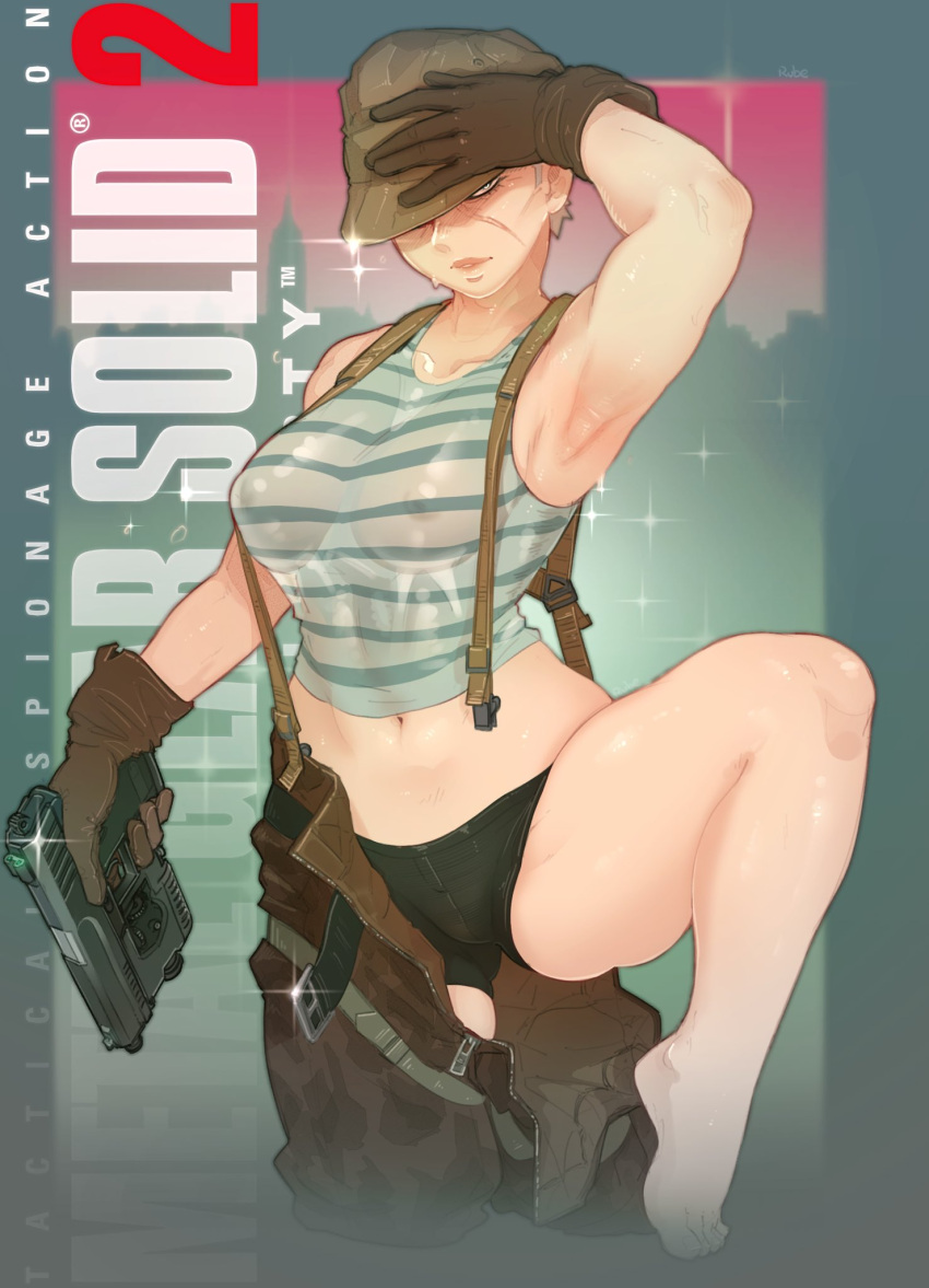 1girl arm_up barefoot belt brown_gloves camouflage camouflage_pants copyright_name covered_nipples cowboy_shot crop_top english_commentary english_text gleam gloves grey_hair gun handgun hat hat_over_one_eye highres holding holding_gun holding_weapon justrube knee_up looking_at_viewer metal_gear_(series) metal_gear_solid_2:_sons_of_liberty military navel no_bra olga_gurlukovich open_belt open_pants panties pants scar scar_on_face shirt short_hair signature solo sparkle standing standing_on_one_leg striped striped_shirt suspenders tank_top underwear weapon wet wet_clothes wet_shirt