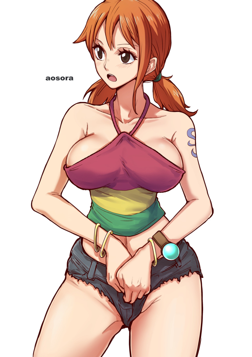 1girl :o aosora2823 bracelet breasts brown_eyes collarbone cowboy_shot crop_top cutoffs highres jewelry large_breasts log_pose looking_to_the_side low_twintails midriff nami_(one_piece) one_piece open_mouth orange_hair short_shorts shorts shoulder_tattoo simple_background solo tattoo twintails white_background