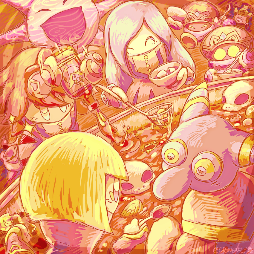 3girls afterimage blonde_hair blue_hair chef_kawasaki crowerfly disembodied_limb flamberge_(kirby) francisca_(kirby) highres holding holding_spoon hot_sauce hyness jammerjab kirby kirby:_star_allies kirby_(series) multicolored_eyes multiple_girls open_mouth red_hair sketch skull solid_oval_eyes spoon twitter_username void_termina zan_partizanne