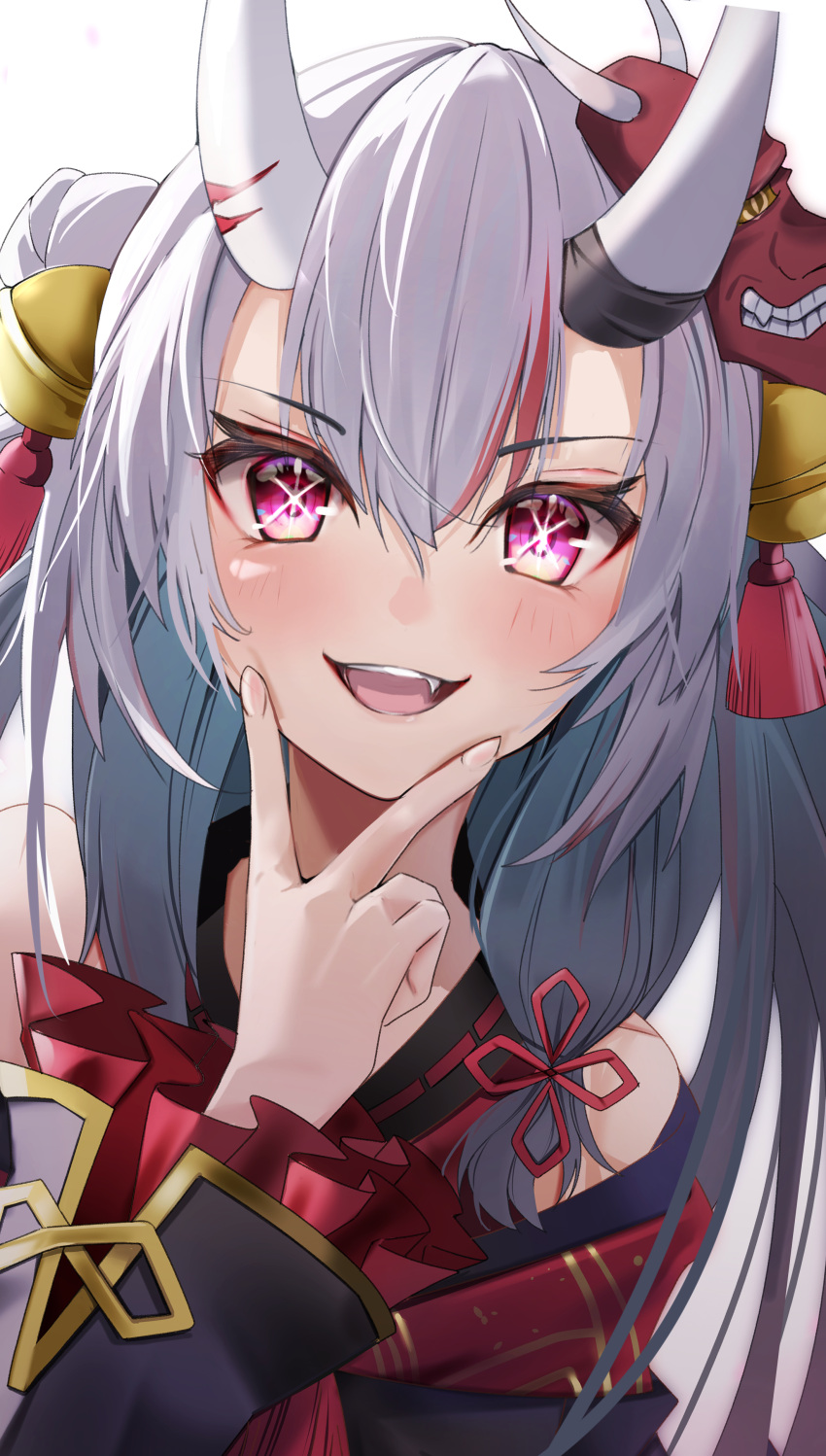 1girl absurdres bare_shoulders bell fang grey_hair hair_bell hair_between_eyes hair_ornament highres hololive horns japanese_clothes kimono long_hair long_sleeves looking_at_viewer mask mask_on_head multicolored_hair nakiri_ayame nakiri_ayame_(1st_costume) natsuki_(muravito) oni_horns oni_mask open_mouth oshi_no_ko pink_eyes red_hair smile solo star-shaped_pupils star_(symbol) streaked_hair symbol-shaped_pupils upper_body v_over_mouth virtual_youtuber white_background wide_sleeves