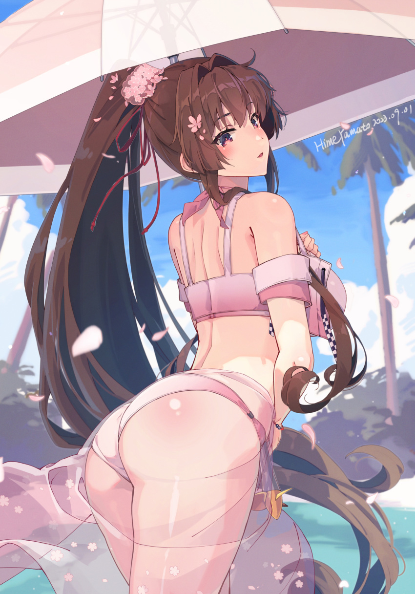 1girl artist_name ass bare_arms bare_legs bare_shoulders bikini blush breasts brown_eyes brown_hair cherry_blossoms cloud cowboy_shot dated flower from_behind hair_flower hair_ornament high_ponytail highres himeyamato kantai_collection large_breasts long_hair looking_back open_mouth outdoors pink_bikini pink_flower pink_sarong ponytail sarong see-through_sarong signature solo swimsuit umbrella very_long_hair yamato_(kancolle) yamato_kai_ni_(kancolle)