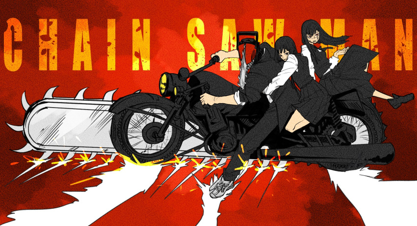 1boy 2girls akira_slide black_hair black_pants chainsaw chainsaw_man collared_shirt denji_(chainsaw_man) fourth_east_high_school_uniform headlight highres holding jacket long_hair long_sleeves mitaka_asa monster_boy motor_vehicle motorcycle multiple_girls multiple_riders on_motorcycle pants riding school_uniform sharp_teeth shirt short_hair sitting sleeves_rolled_up teeth user_yfjz4385 white_shirt yoru_(chainsaw_man)