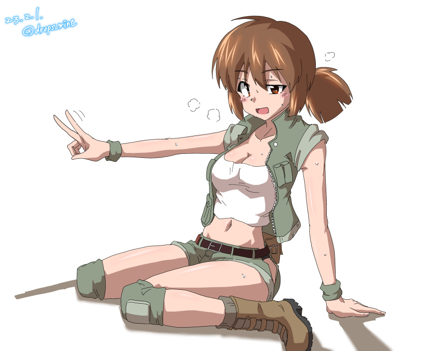 1girl absurdres arm_support belt black_belt breasts brown_eyes brown_hair cleavage crop_top drops_mint error fio_germi green_jacket green_shorts half-closed_eye highres jacket knee_pads leaning_back looking_at_viewer medium_breasts medium_hair metal_slug midriff motion_lines navel open_clothes open_jacket open_mouth shadow shirt short_ponytail short_shorts shorts side_cutout simple_background sitting sleeveless sleeveless_jacket smile solo sweat v wariza white_background white_shirt wristband