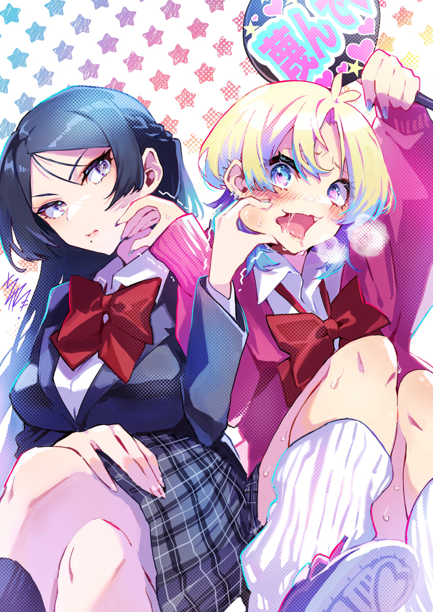 2girls absurdres ahoge arm_up black_hair blazer blonde_hair blue_eyes blue_hair blush bow bowtie braid breath cardigan cheek_pinching closed_mouth collared_shirt crossed_legs drooling ear_piercing earrings fang fangs fingernails from_below grey_skirt gyaru hand_fan hand_on_another's_cheek hand_on_another's_face heart highres hinosaka_aki holding holding_fan jacket jewelry long_hair long_sleeves loose_bowtie loose_socks medium_hair mole mole_under_mouth multicolored_hair multiple_girls nail_polish open_mouth original parted_bangs piercing pinching pink_cardigan pink_sweater plaid plaid_skirt pleated_skirt purple_eyes red_bow red_bowtie saliva school_uniform shirt shoes sitting skirt sleeves_past_wrists smile sneakers socks star_(symbol) sweat sweater textless_version white_shirt white_socks yuri