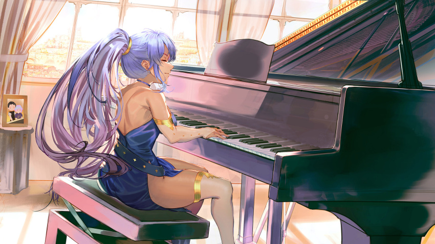 1boy 1girl black_hair closed_eyes collateral_damage_studios commission commissioner_upload fire_emblem fire_emblem:_genealogy_of_the_holy_war grand_piano highres instrument ishtar_(fire_emblem) long_hair music piano picture_frame playing_instrument ponytail purple_hair reinhardt_(fire_emblem) usanekorin window