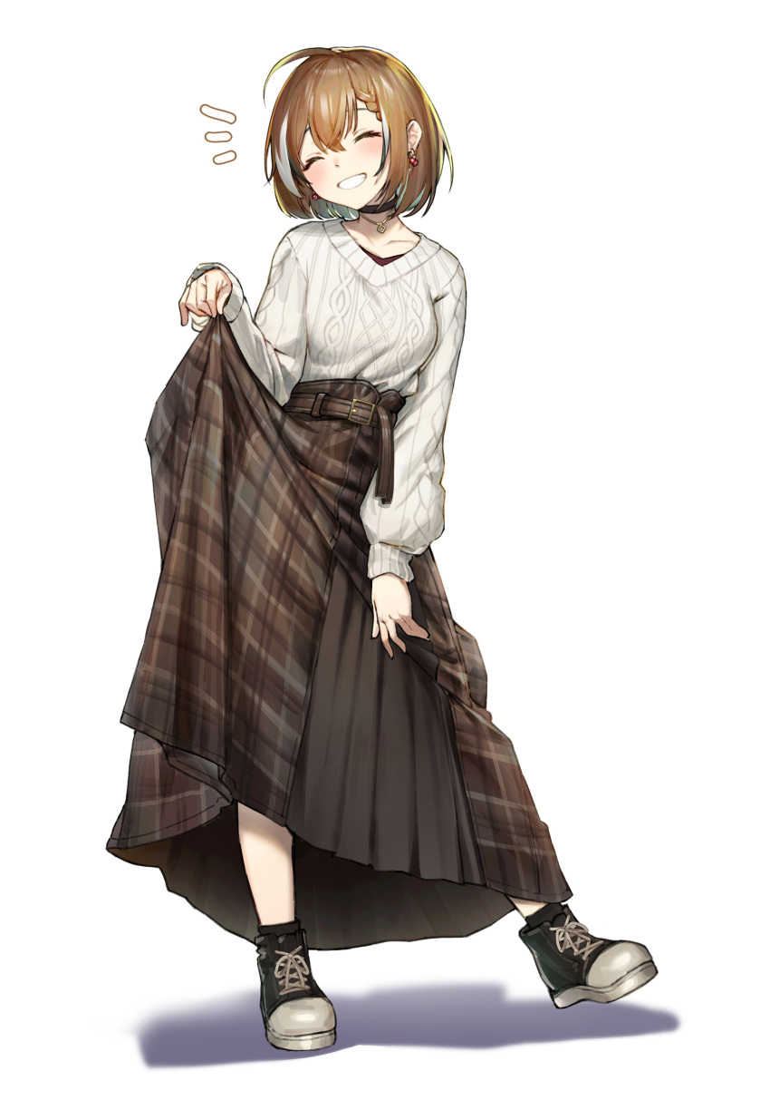 1girl absurdres ahoge aran_sweater belt berry black_choker brown_footwear brown_hair brown_skirt cable_knit choker closed_eyes crossed_bangs earrings food-themed_earrings grin high_tops highres hololive hololive_english jewelry long_skirt multicolored_hair nanashi_mumei nanashi_mumei_(3rd_costume) necklace notice_lines official_alternate_costume official_alternate_hairstyle plaid plaid_skirt pleated_skirt red_shirt shirt shoes skirt skirt_hold sleeves_past_wrists smile sneakers streaked_hair sweater tenchi_mayo virtual_youtuber white_sweater