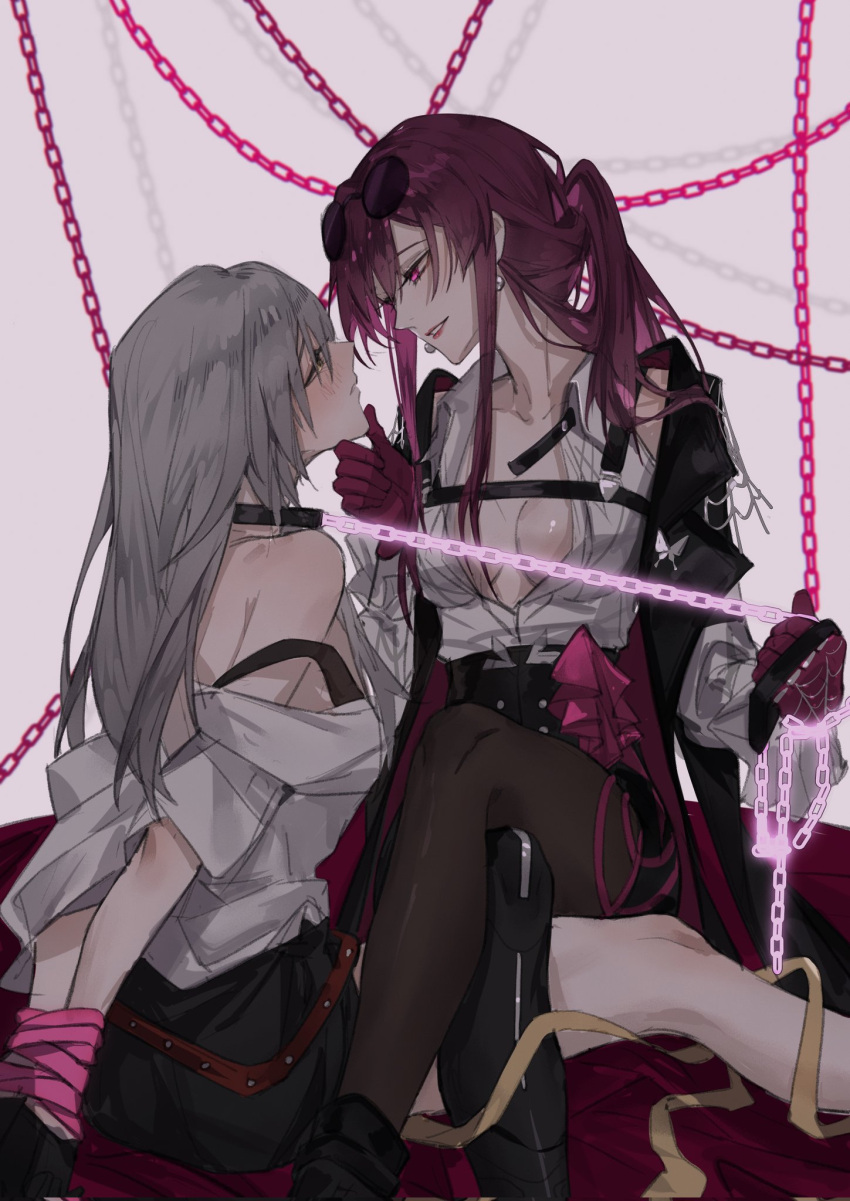 2girls aoma_(xuanzexuexi) belt black_collar black_jacket black_pants black_skirt blush breasts chain chain_pull cleavage collar earrings eyewear_on_head grey_background grey_hair hand_on_another's_chin highres honkai:_star_rail honkai_(series) jacket jacket_partially_removed jewelry kafka_(honkai:_star_rail) long_hair looking_at_another multiple_girls pants ponytail red_belt red_eyes red_hair shirt shirt_partially_removed sitting skirt smirk stelle_(honkai:_star_rail) sunglasses trailblazer_(honkai:_star_rail) white_shirt yellow_eyes yuri