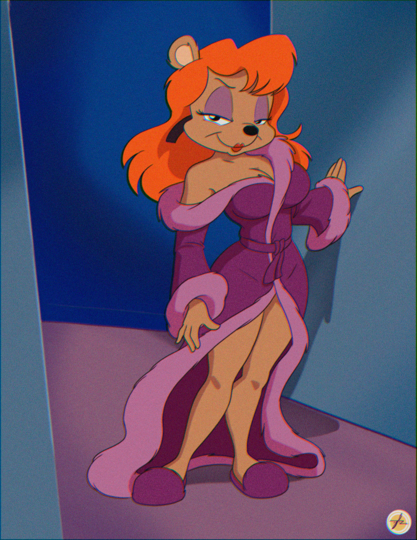 absurd_res anthro bathrobe bear bedroom_eyes breasts cleavage clothed clothing eyeshadow female filter furboz hi_res julie_bruin looking_at_viewer makeup mammal narrowed_eyes robe seductive slippers solo tiny_toon_adventures warner_brothers