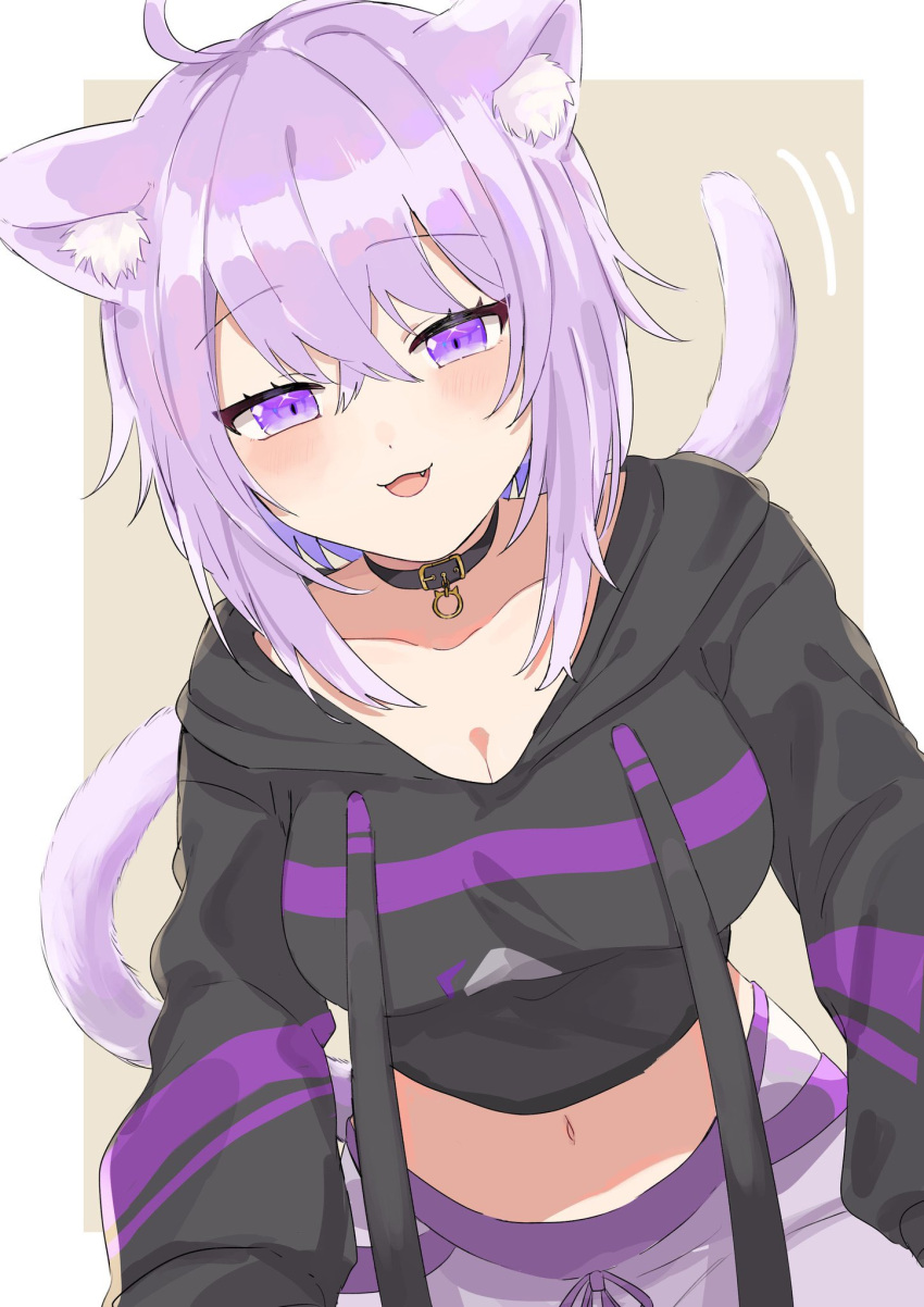 1girl animal_collar animal_ear_fluff animal_ears black_collar black_hoodie blush breasts cat_ears cat_girl cat_tail collar cropped_hoodie fang highres hololive hood hoodie large_breasts long_sleeves looking_at_viewer midriff navel nekomata_okayu nekomata_okayu_(1st_costume) nekomata_okayu_(artist) onigiri_print open_mouth pants purple_eyes purple_hair short_hair solo sweatpants tail virtual_youtuber