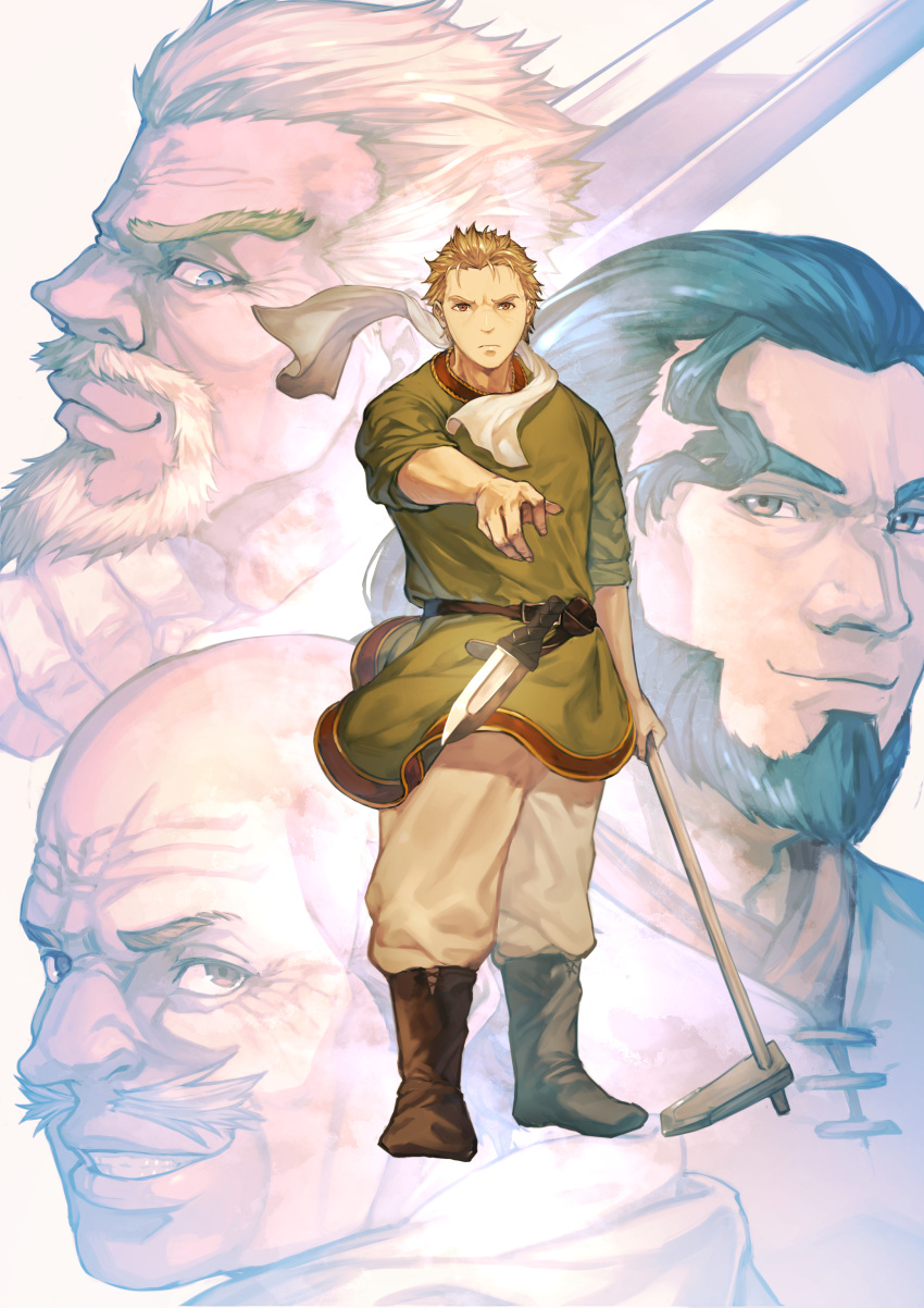 4boys absurdres askeladd bald beard black_hair blonde_hair blue_eyes boxman_(korea) brown_eyes facial_hair father_and_son highres leif_ericson_(vinland_saga) male_focus multiple_boys short_hair sword thick_eyebrows thorfinn thors viking vinland_saga weapon