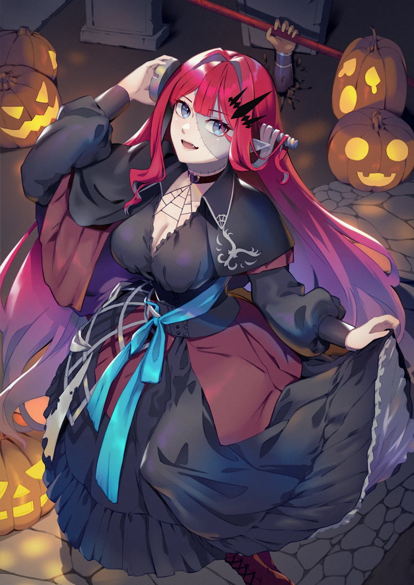 1girl baobhan_sith_(fate) black_capelet black_dress bolt breasts capelet choker cleavage dress fate/grand_order fate_(series) grey_eyes halloween halloween_costume highres jack-o'-lantern large_breasts long_hair long_sleeves looking_at_viewer nakaga_eri object_through_head open_mouth pink_hair pointy_ears pumpkin screw_in_head sidelocks smile solo thighs