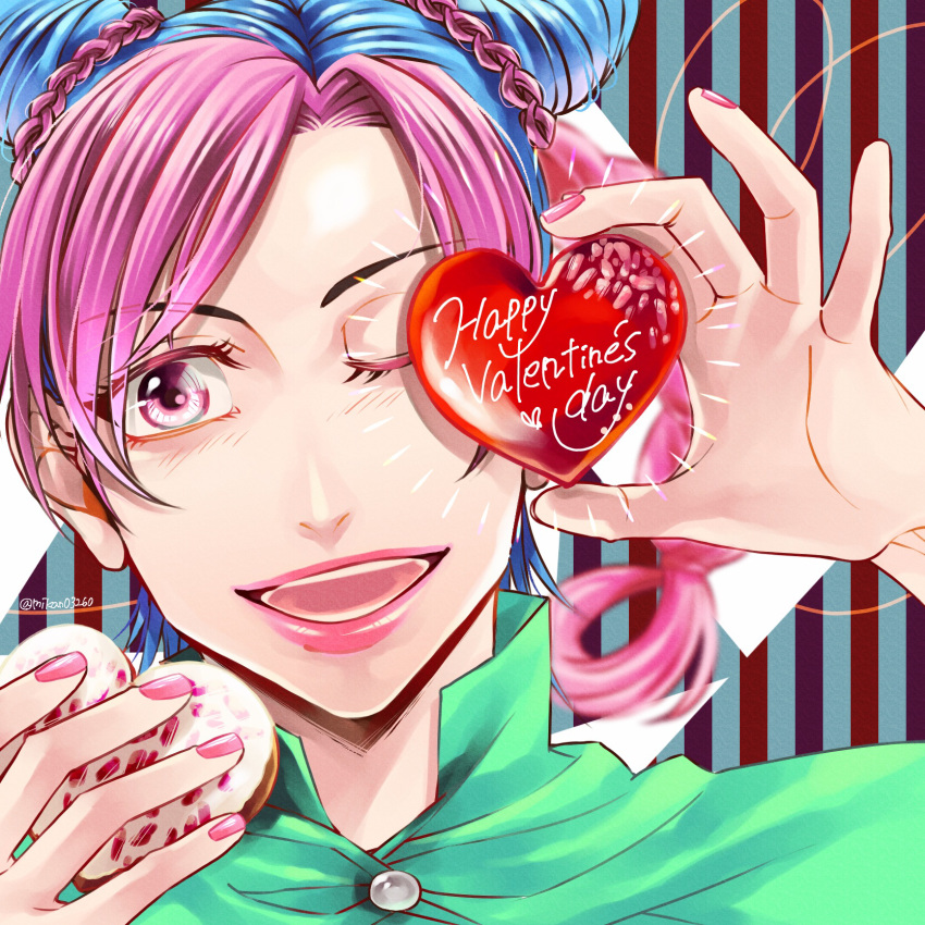 1girl black_hair blue_hair blurry braid cone_hair_bun depth_of_field double_bun hair_bun heart-shaped_cookie highres jojo_no_kimyou_na_bouken kujo_jolyne mikan03260 multicolored_hair one_eye_closed pink_eyes pink_hair pink_lips pink_nails solo stone_ocean two-tone_hair valentine