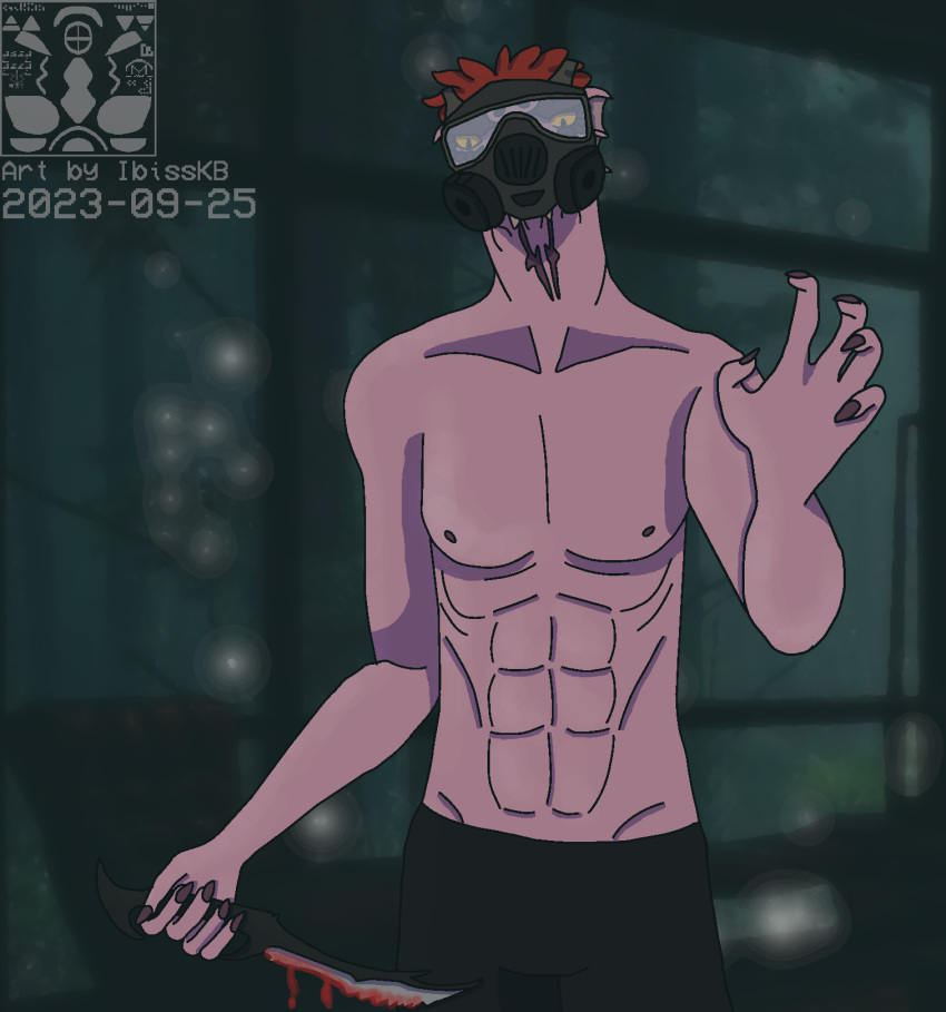2023 abs anthro arecibo_message argonian artist_logo artist_name bethesda_softworks blood blood_on_knife blurred_background bodily_fluids claws colored_nails dagger dated dripping_blood feather_hair feathers gas_mask hair hi_res ibisskb kiivah_(character) knife logo looking_at_viewer male mask melee_weapon muscular nails nipples pecs pink_body pink_nipples pink_scales pseudo_hair purple_nails red_hair scales scalie sharp_nails shirtless shirtless_anthro shirtless_male slim solo text the_elder_scrolls watermark weapon wearing_mask window yellow_eyes