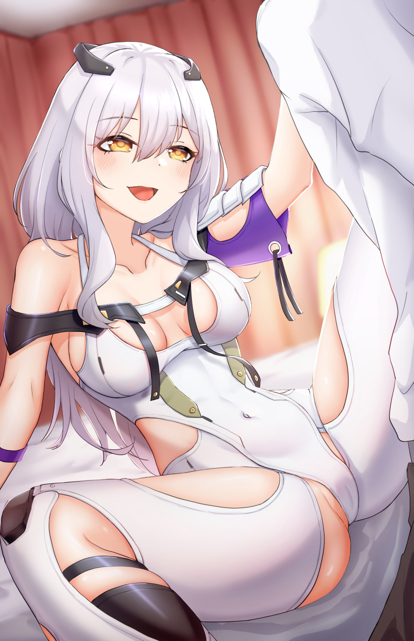 1girl absurdres arm_support back bare_shoulders breasts cleavage clothing_cutout collarbone covered_navel goddess_of_victory:_nikke grey_hair hair_between_eyes highres hip_vent kamikili leg_cutout leotard light_blush long_hair medium_breasts open_mouth scarlet_(nikke) sidelocks sitting smile solo white_leotard yellow_eyes