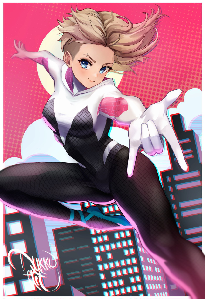 1girl aqua_footwear ballet_slippers blonde_hair blue_eyes bodysuit breasts dukkoart eyebrow_piercing full_moon gwen_stacy highres hood hood_down hooded_bodysuit looking_at_viewer marvel medium_breasts moon piercing short_hair silk skin_tight smile spider-gwen spider-man:_across_the_spider-verse spider-man:_into_the_spider-verse spider-man_(series) spider_web spider_web_print superhero