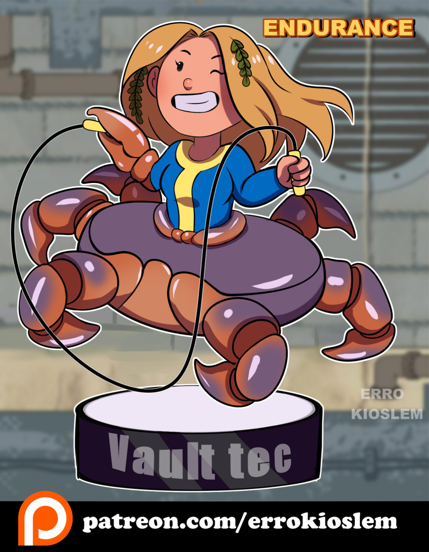 animal_humanoid arthropod arthropod_humanoid bethesda_softworks blonde_hair bobblehead chibi crab crab_claw crab_humanoid crustacean crustacean_humanoid decapoda endurance errokioslem fallout female hair hi_res human humanoid jump_rope malacostracan mammal marine marine_humanoid solo taur vault-tec_logo vault_suit