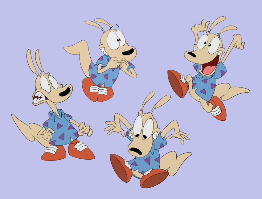 anthro clothing footwear hi_res macropod male mammal marsupial multiple_poses nickelodeon open_mouth pose rocko's_modern_life rocko_rama scottforester17 shirt shoes simple_background solo teeth topwear wallaby