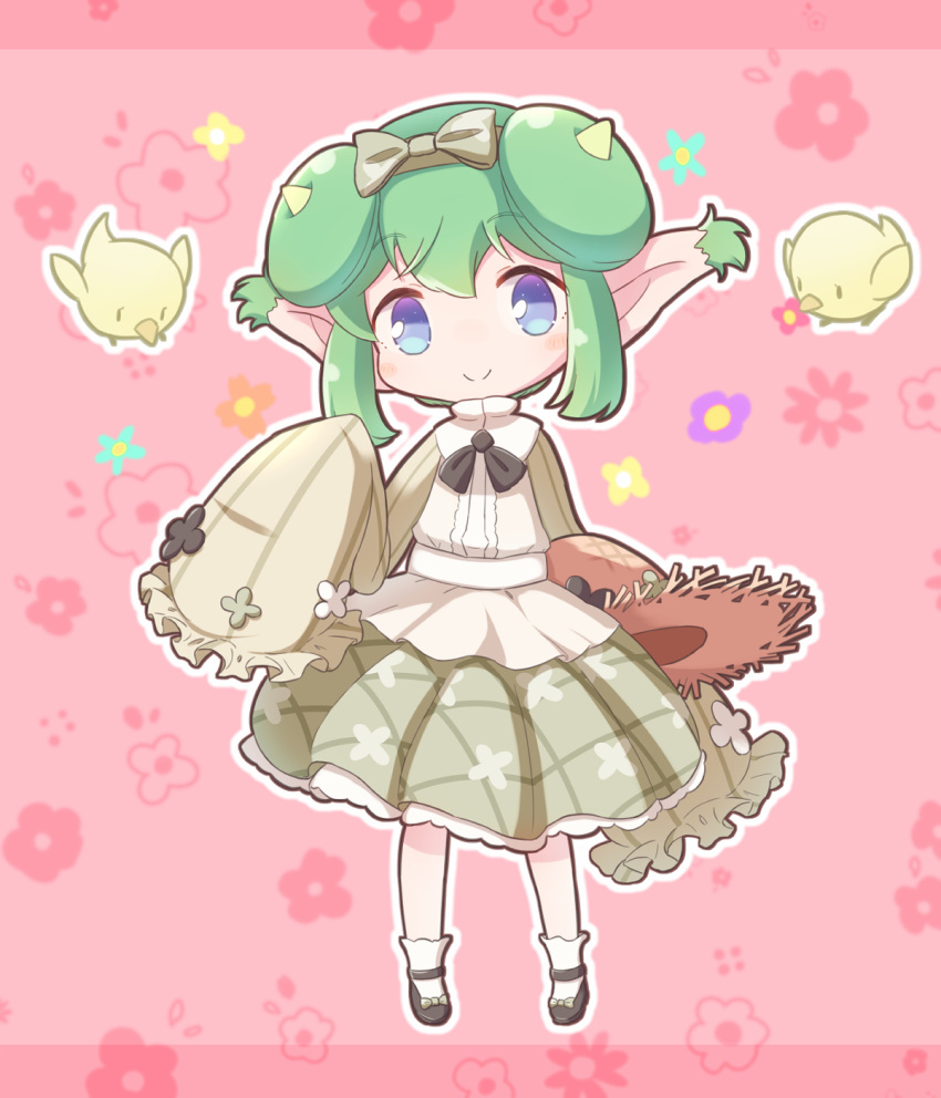 1girl bird black_ribbon blue_eyes bow double_bun flower_bed_lidelle green_skirt grey_bow grey_sweater hair_bun hat highres holding holding_clothes holding_hat jazz_grace lidelle_(puyopuyo) looking_at_viewer outline pink_background pointy_ears puyopuyo puyopuyo_quest ribbon skirt smile socks solo split_mouth standing straw_hat sweater white_outline white_socks yellow_horns