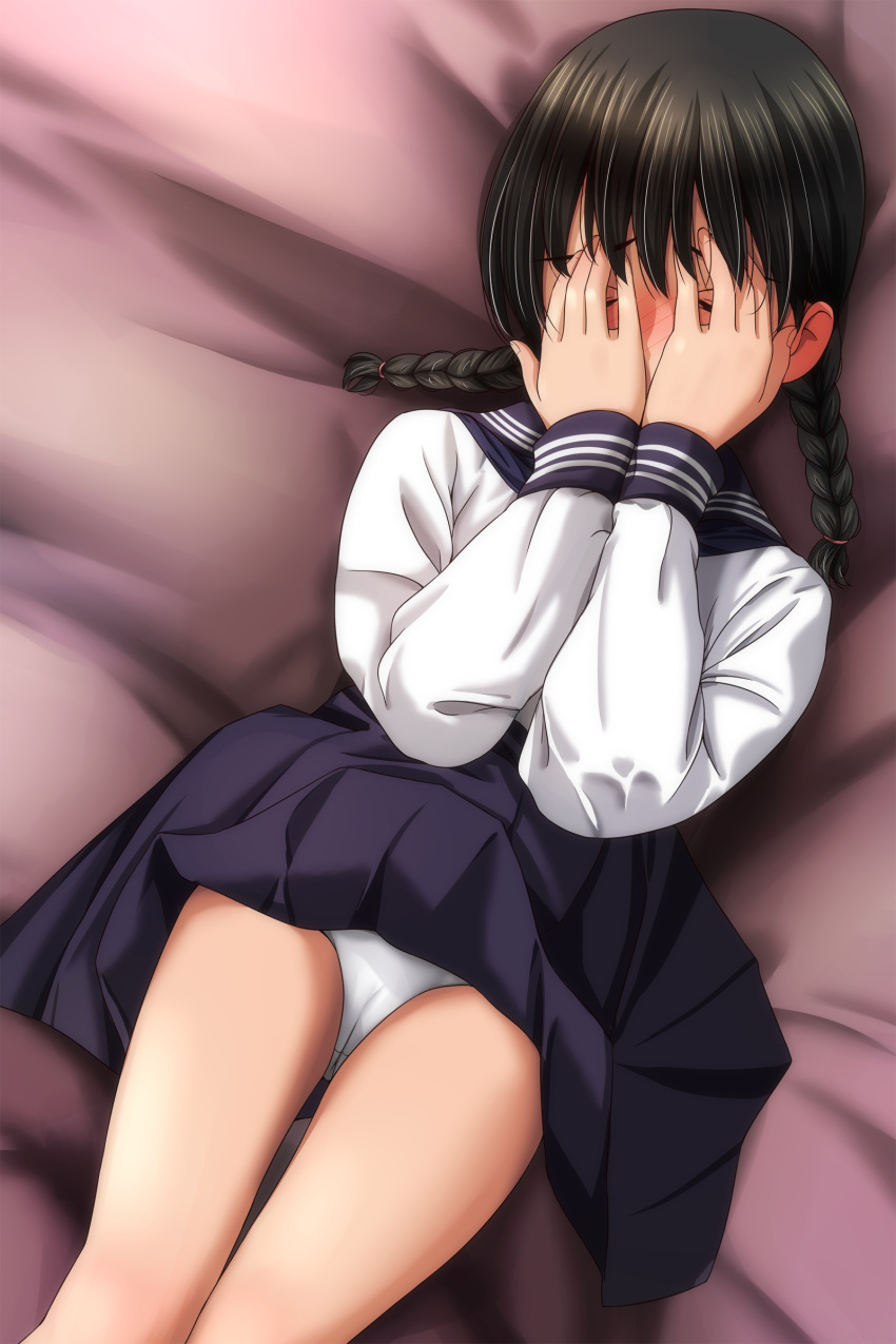 1girl absurdres bed_sheet black_hair blush braid closed_eyes covering_face facing_viewer feet_out_of_frame hair_between_eyes hands_up highres long_hair long_sleeves low_twintails lying matsunaga_kouyou nose_blush on_back original panties puffy_long_sleeves puffy_sleeves purple_sailor_collar purple_skirt sailor_collar school_uniform serafuku shirt skirt solo twin_braids twintails underwear white_panties white_shirt