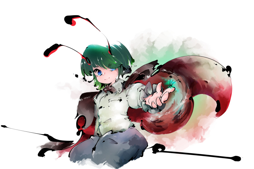 1girl antennae blue_eyes calligraphy_brush_(medium) cape collared_shirt green_hair highres insect_on_finger long_sleeves pants shirt short_hair sitting sukunashi_negi touhou white_shirt wriggle_nightbug