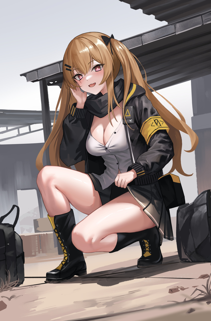 1girl 404_logo_(girls'_frontline) :d absurdres ahoge bag bare_legs black_footwear black_jacket black_skirt blush boots bow breasts brown_eyes brown_hair cleavage girls'_frontline gloves hair_bow hand_up hhsan highres holding holding_clothes holding_skirt hood hood_down hooded_jacket jacket long_hair looking_at_viewer medium_breasts no_legwear open_clothes open_jacket open_mouth outdoors shirt skirt smile solo thighs twintails ump9_(girls'_frontline) white_shirt