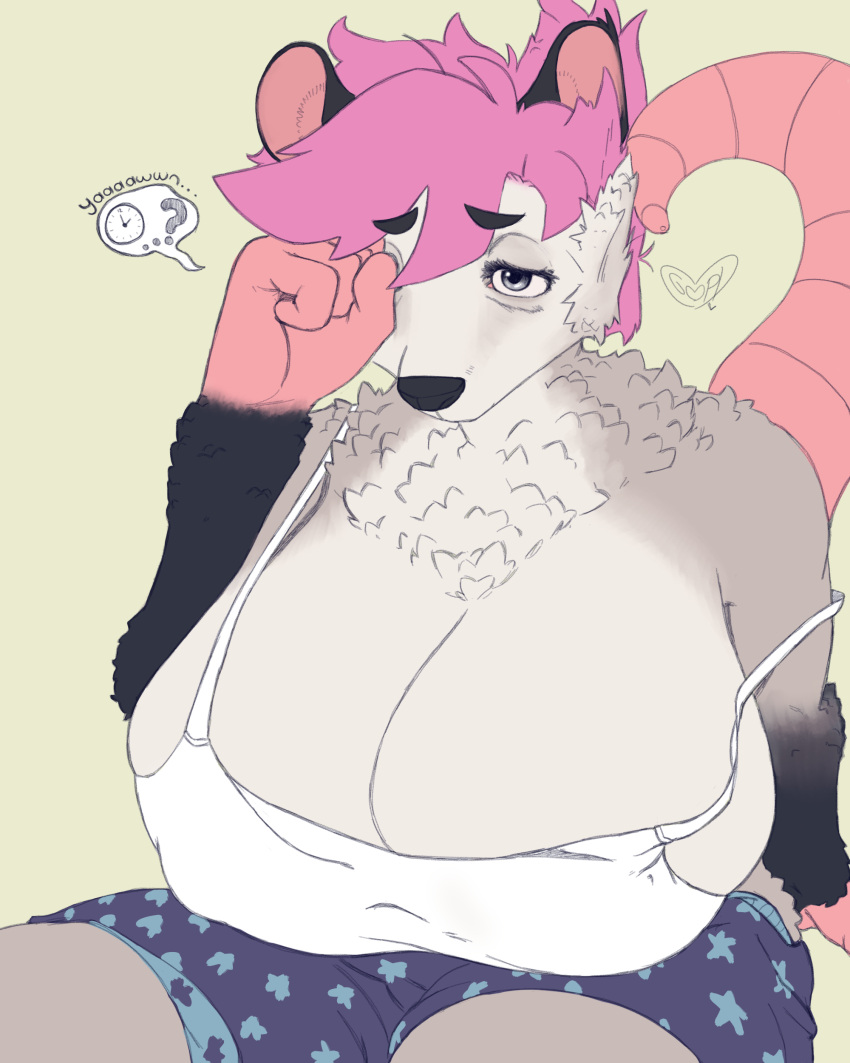 abby_(maeballs) absurd_res american_opossum anthro bed_head big_breasts breasts female goopdraw hair hi_res huge_breasts mammal marsupial open_mouth pink_hair pinup pose solo tired tired_eyes yawn