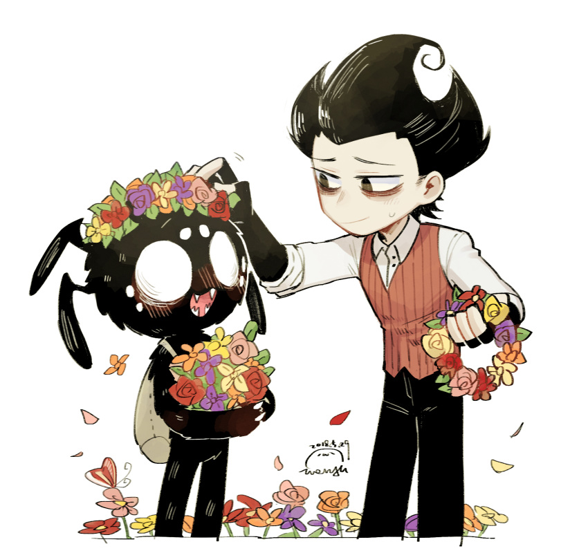 2boys amy7996659 backpack bag bags_under_eyes black_gloves black_hair black_pants blank_eyes blush bug butterfly collared_shirt don't_starve fangs feet_out_of_frame fingerless_gloves flower flower_wreath furry furry_male gloves hand_on_another's_head head_wreath highres holding holding_flower looking_at_another male_focus monster_boy multiple_boys open_mouth pants petals putting_on_headwear red_vest shirt short_hair simple_background sleeves_rolled_up smile spider_boy spiked_hair standing vest webber_(don't_starve) white_background white_shirt widow's_peak wilson_(don't_starve)