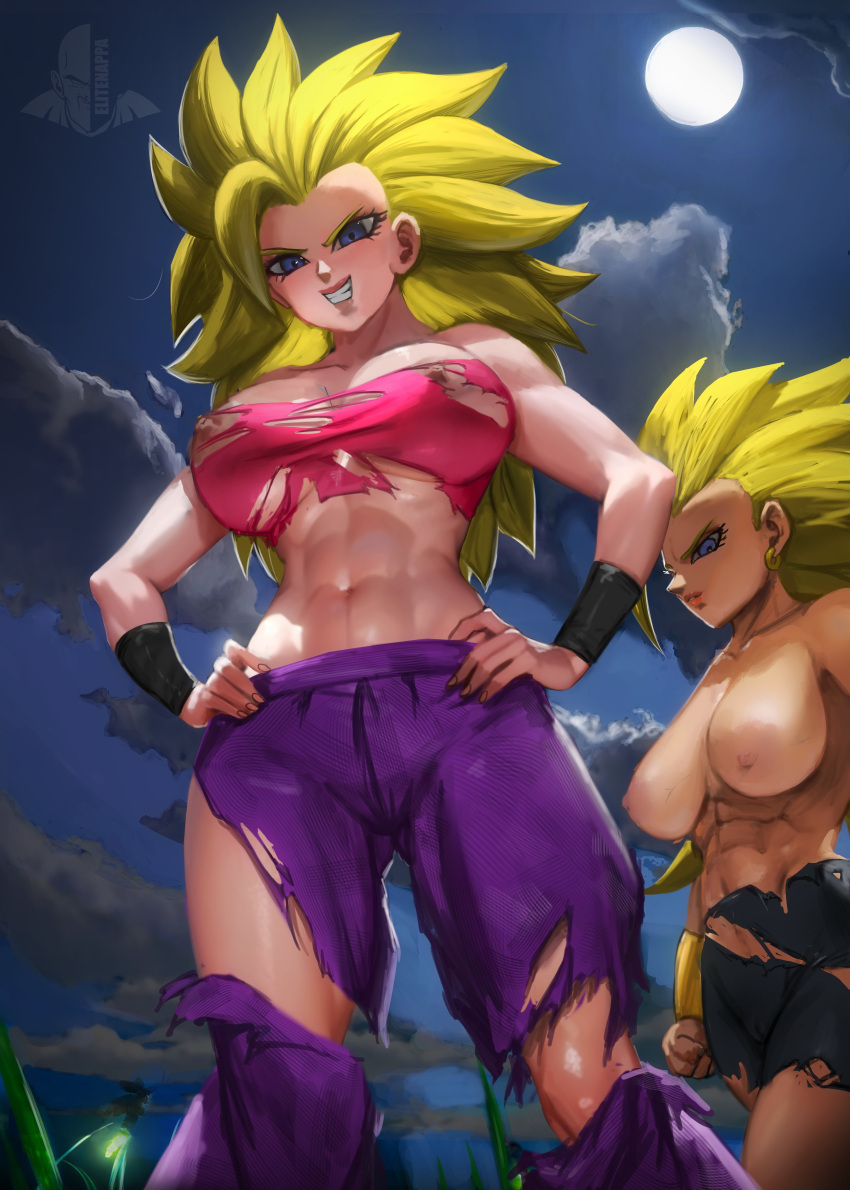 2girls abs absurdres blonde_hair blue_eyes breasts caulifla cloud collaboration dragon_ball dragon_ball_super earrings elite_nappa grin highres jewelry kale_(dragon_ball) large_breasts long_hair moon multiple_girls night night_sky nipples no_eyebrows novasayajingoku pants shorts sky smile spiked_hair standing strapless super_saiyan super_saiyan_3 toned torn_clothes torn_pants torn_shorts tube_top