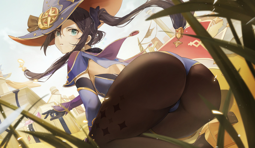 1girl all_fours aqua_eyes ass black_hair blue_leotard capelet earrings floating_hair from_behind genshin_impact gloves gold_trim grass hat high_heels highres iamberrymou jewelry leotard long_hair looking_back mona_(genshin_impact) pantyhose parted_lips solo sparkle_print thighlet treasure_chest twintails witch_hat