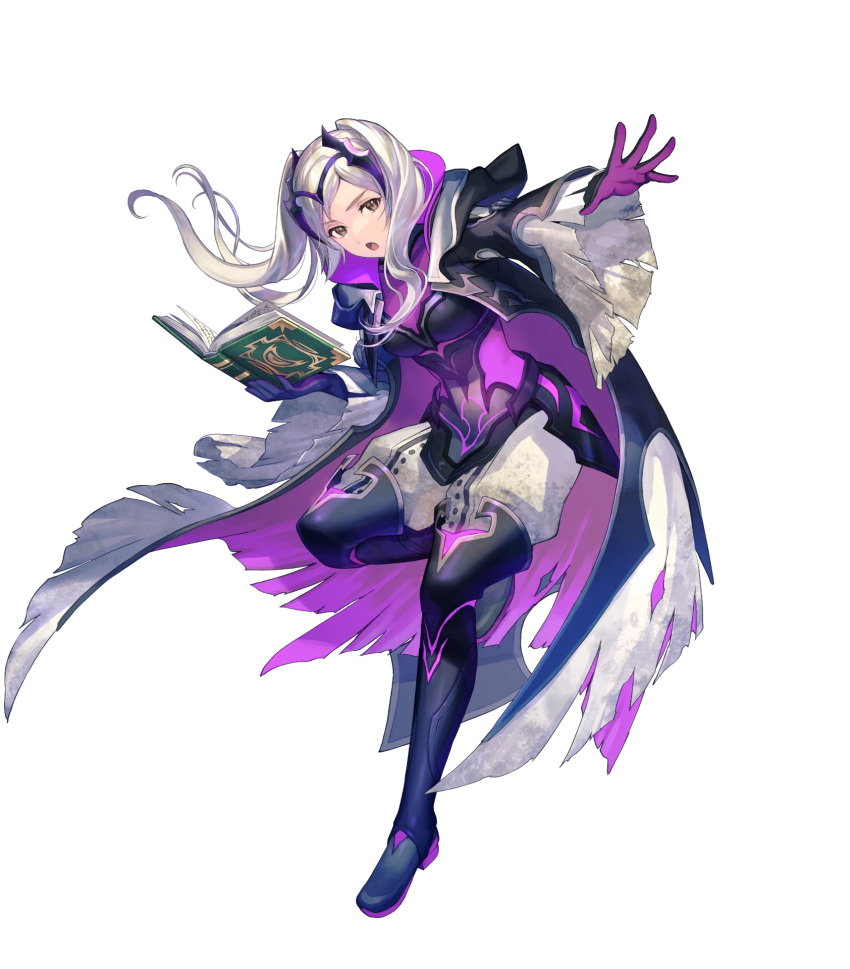 1girl boots brown_eyes coat fire_emblem fire_emblem_awakening fire_emblem_heroes fujikawa_arika full_body hair_ornament highres hood hood_down long_hair long_sleeves neon_trim non-web_source official_art pants robin_(female)_(fire_emblem) robin_(fire_emblem) thigh_boots torn_clothes torn_sleeves transparent_background turtleneck twintails white_hair wide_sleeves