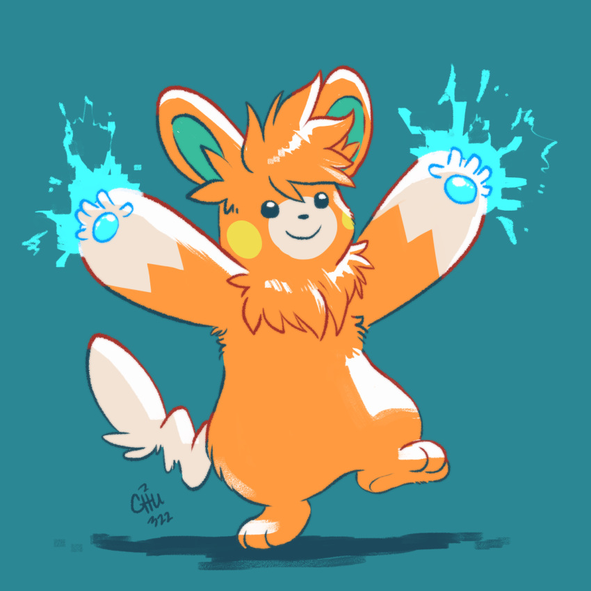 ambiguous_gender anthro black_eyes black_nose electricity fur generation_9_pokemon green_inner_ear hair hi_res neck_tuft nintendo orange_body orange_fur orange_hair pawmot paws pokemon pokemon_(species) simple_background smile solo tail the-chu tuft white_body white_fur white_tail