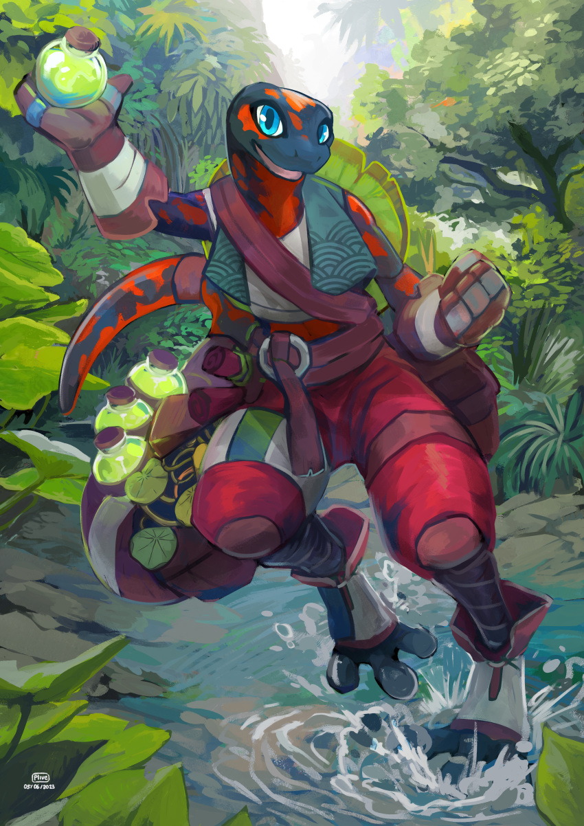 2023 4_fingers absurd_res amphibian anthro artist_name blue_eyes bottomwear clothing dated fingers fist hi_res looking_at_viewer male newt orb outside plant plive salamander_(amphibian) smile solo splashing_water topwear tree water