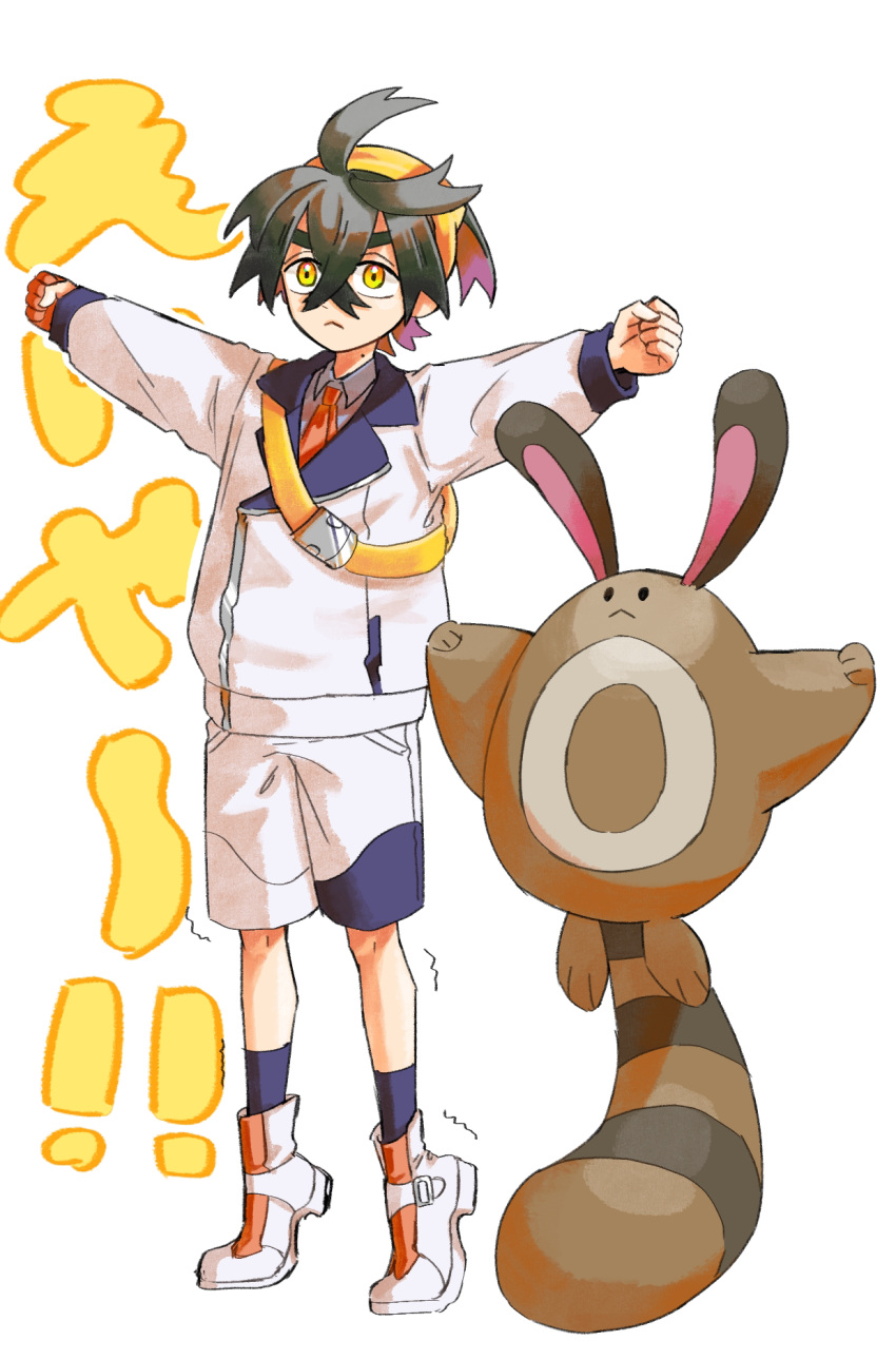 1boy :&lt; antenna_hair arms_up bag balancing_on_tail black_hair blue_socks clenched_hands closed_mouth collared_shirt colored_inner_hair commentary_request crossed_bangs dean_(satori-fujioka) frown full_body hair_between_eyes hairband highres jacket kieran_(pokemon) lapels long_sleeves male_focus mole mole_on_neck multicolored_hair necktie outstretched_arms pokemon pokemon_(creature) pokemon_(game) pokemon_sv purple_hair red_necktie school_uniform sentret shirt shoes short_hair shorts sidelocks simple_background socks solid_circle_eyes spread_arms standing tiptoes translation_request trembling two-tone_hair v-shaped_eyebrows white_background white_footwear white_jacket white_shorts wing_collar yellow_bag yellow_eyes yellow_hairband