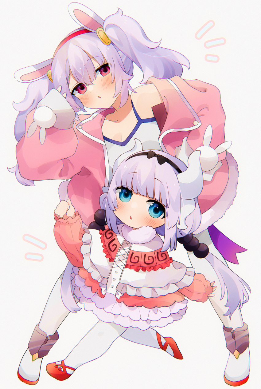 2girls absurdres animal_ears azur_lane beads black_hairband blue_eyes blush bow_hairband breasts capelet cleavage commentary_request dragon_girl dragon_horns dress fake_animal_ears frilled_dress frills full_body fur-trimmed_capelet fur_trim hair_beads hair_ornament hairband highres horns jacket kanna_kamui kobayashi-san_chi_no_maidragon laffey_(azur_lane) long_hair long_sleeves low_twintails multiple_girls naganawa_maria notice_lines pantyhose parted_lips pink_eyes pink_jacket puffy_long_sleeves puffy_sleeves purple_hair rabbit_ears red_footwear short_dress simple_background sleeves_past_wrists takumi_mizuki tank_top twintails voice_actor_connection white_background white_pantyhose white_tank_top