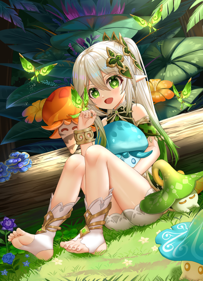 1girl absurdres blush bug butterfly clothing_cutout cross-shaped_pupils eyelashes feet flower forest full_body fungi_(genshin_impact) genshin_impact gradient_hair grass green_eyes green_hair grey_hair grey_shorts hair_between_eyes hand_up highres holding knees_together_feet_apart knees_up legs log long_hair looking_at_viewer multicolored_hair mushroom nahida_(genshin_impact) nature no_shoes outdoors pointy_ears ponytail shiny_skin short_sleeves shorts shoulder_cutout skym_(kumei) socks soles stirrup_legwear symbol-shaped_pupils thighs toeless_legwear toenails toes